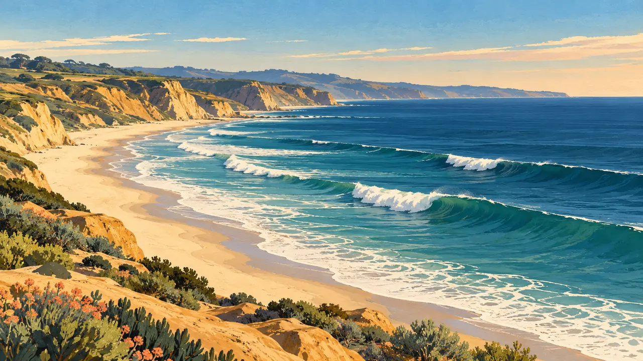 Coastal illustration inspired by San Diego's sandstone bluffs and surf