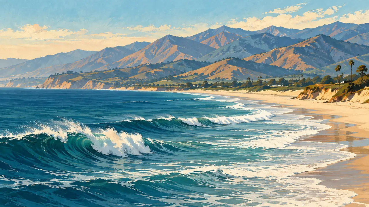 Coastal illustration inspired by Santa Barbara's mountains and ocean